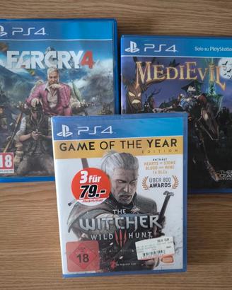 Set 3 giochi: The Witcher; MediEvil; FarCry PS4