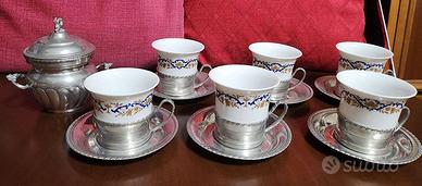 Servizio da the da 6 in porcellana e peltro