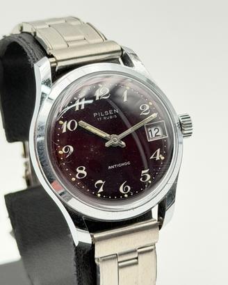 pilsen watch vintage new nos swiss made 33mm red