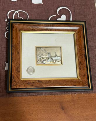 Quadro con cornice in legno, placca argentata.