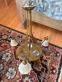 Lampadario vintage ottone 3 luci vetro marmo