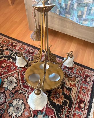 Lampadario vintage ottone 3 luci vetro marmo