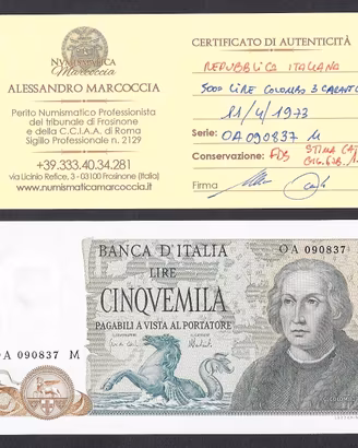 BANCONOTA LIRE 5000 CRISTOFORO COLOMBO FDS