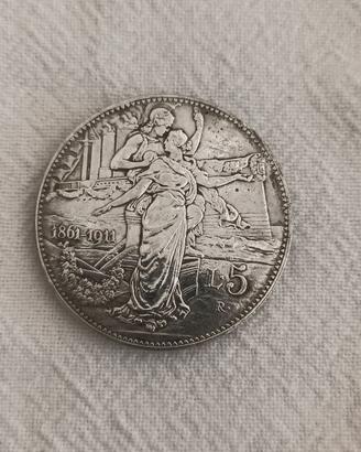 ITALIA moneta 5 LIRE 1911 CINQUANTENARIO VITTORIO