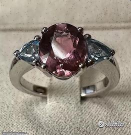 ANELLO ORO 18kt. TOPAZI AZZURRI E TORMALINA ROSA