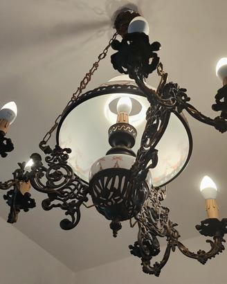 Lampadario Vintage in Ottone e Vetro Opalino