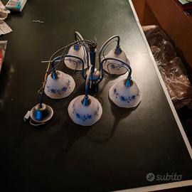 Lampadario 5 Luci Metallo Satinato Fiori Blu