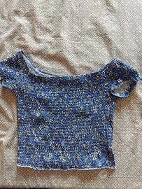 Top corto blu fiorellini bianchi S