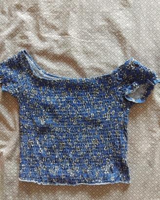 Top corto blu fiorellini bianchi S