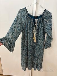 Vestito a tunica boho chic geometrico blu e beige