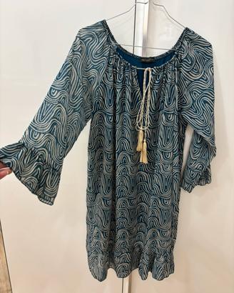 Vestito a tunica boho chic geometrico blu e beige