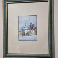 Quadretto con paesaggio cittadino innevato