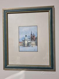 Quadretto con paesaggio cittadino innevato