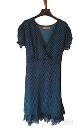 Abito in crêpe-chiffon blu a pois bianco. Tg.Unica