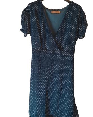Abito in crêpe-chiffon blu a pois bianco. Tg.Unica
