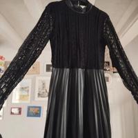 Vestito nero pizzo e similpelle