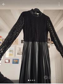 Vestito nero pizzo e similpelle