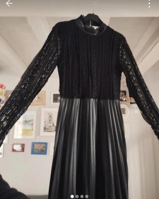 Vestito nero pizzo e similpelle