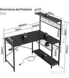 Scrivania gamer nera con mensola e prese