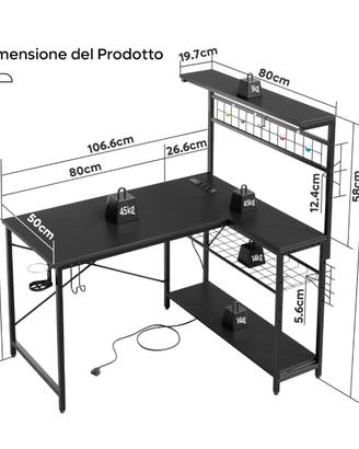 Scrivania gamer nera con mensola e prese