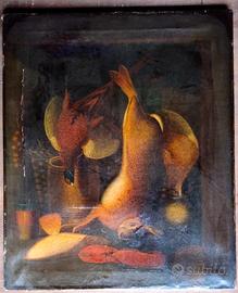 DIPINTO ANTICO NATURA MORTA CACCIAGIONE CON LEPRE