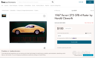 RARO POSTER 1967 Ferrari 275 GTB 4 By CLEWORTH