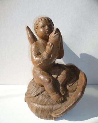 Scultura statua putto con pesce 19 X 14 antica