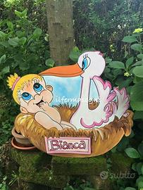 Cicogna in legno  da esterno per annuncio nascita