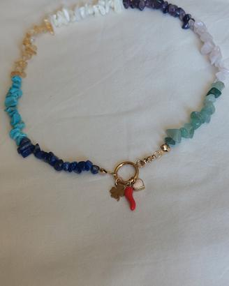 girocollo arcobaleno pietre vere acciaio e charms 