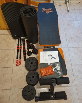 Panca multifunzione + set pesi e accessori fitness