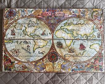 Quadro in legno - tavola decorata mappa del mondo