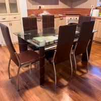 Tavolo vetro + 6 sedie ecopelle marrone
