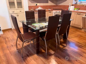 Tavolo vetro + 6 sedie ecopelle marrone