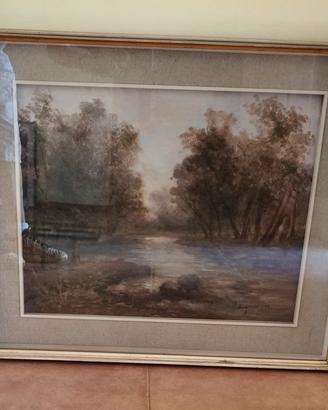 PELLEGRINI Paesaggio rurale con fiume e alberi.  