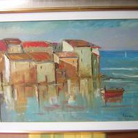 Olio su tavola 5x70 borgo marina ligure Bordani R.