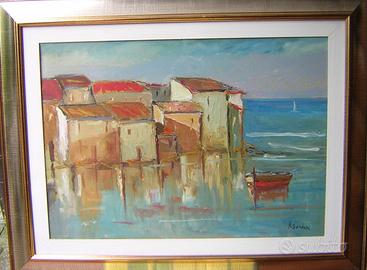 Olio su tavola 5x70 borgo marina ligure Bordani R.