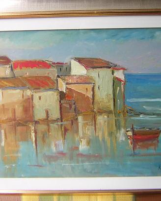 Olio su tavola 50x70 borgo marina ligure Bordani R