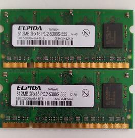 Memoria RAM SODIM Elpida 2x512MB 2Rx16 PC2- 5300S