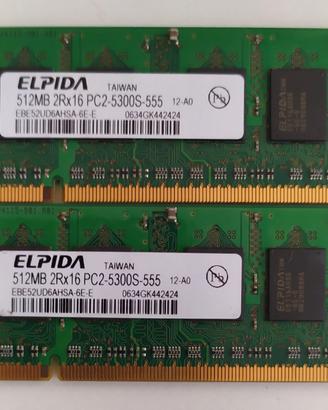 Memoria RAM SODIM Elpida 2x512MB 2Rx16 PC2- 5300S