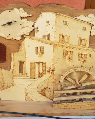 Mulino ad acqua pirografia in legno
