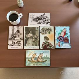 Lotto 6 rare antiche cartoline pesce d’aprile 30s