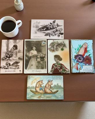 Lotto 6 rare antiche cartoline pesce d’aprile 30s