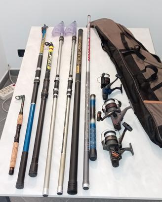 Canne da pesca varie con 3 mulinelli