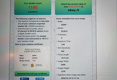 Sony ZV E 10 solo 1190 scatti
