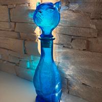Bottiglia Vintage Vetro Blu Gatto Empoli Anni 60