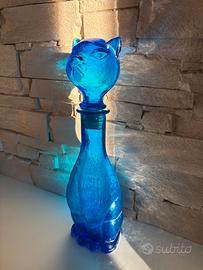 Bottiglia Vintage Vetro Blu Gatto Empoli Anni 60
