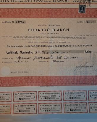 TITOLO AZIONARIO EDOARDO BIANCHI APRILE 1961
