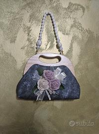 borsa donna denim con fiori 