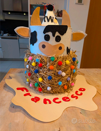 Torta scenografica mucca e kit festa fattoria