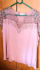 MAGLIETTA DONNA MANICA CORTA  CON PIZZO ROSA